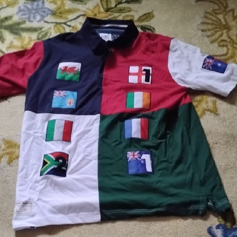 Colorful Men's Polo Shirt with Flag Patches Cotton Traders Sports Soccer